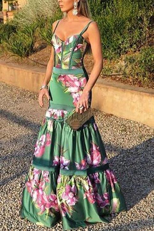 New Fashion Sexy Floral Plunge Ruffles Layered Hem Evening Dress.MC
