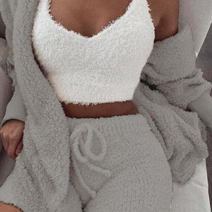 Fluffy Hooded Open Front Teddy Coat & Short Sets