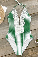 Load image into Gallery viewer, Green Stripe Lace One-Piece Swimsuit.c