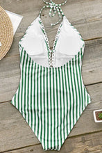 Load image into Gallery viewer, Green Stripe Lace One-Piece Swimsuit.c