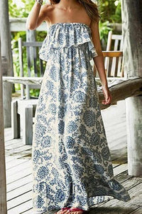 New Bohemian Off-Shoulder Printing Strap Vacation Dress.Wh