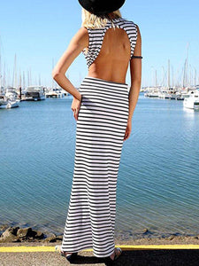 New Round Neck  Backless Elastic Waist  Printed Maxi Dress.AQ