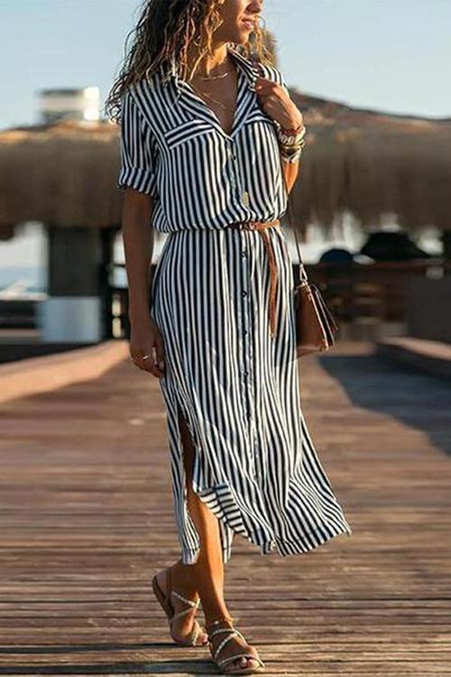 New Elegant Stripes Short Sleeve Casual Dress