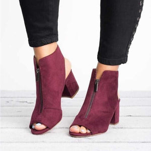 Women Zipper Peep Toe Square High Heel Shoes