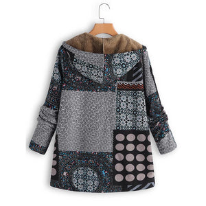 Dotted coat with hood and patchwork pattern