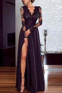 New Casual Long Sleeve Lace Inwrought Splicing Slit Maxi Dresses.MC