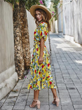 Load image into Gallery viewer, Casual Floral V Neck Short Sleeve Asymmetrical Long Dress