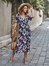 Load image into Gallery viewer, Casual Floral V Neck Short Sleeve Asymmetrical Long Dress