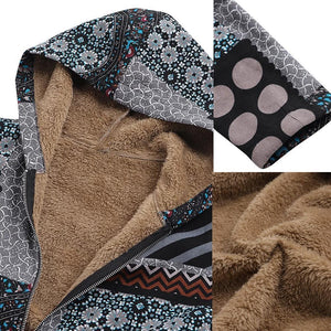 Dotted coat with hood and patchwork pattern