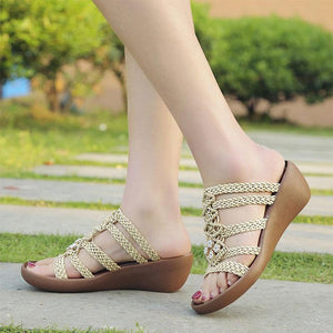 Hollow Out Weave Opened Toe Rhinestone Wedges Slippers