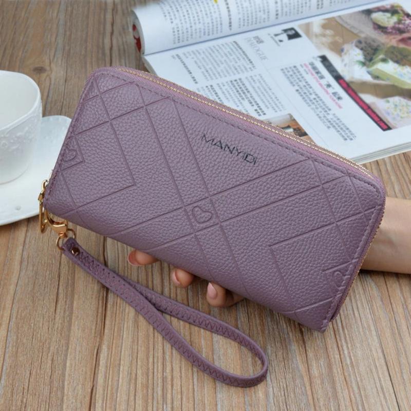 Women Double Zipper Leather Brand Retro Long Wallet