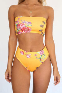 New Floral Printed Bandeau Bikini Swimsuit in Yellow.MO