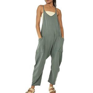 Solid V-Neck Sling Pocket Jumpsuit