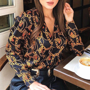 Women Fashion Password Chain Printed Vintage Blouse